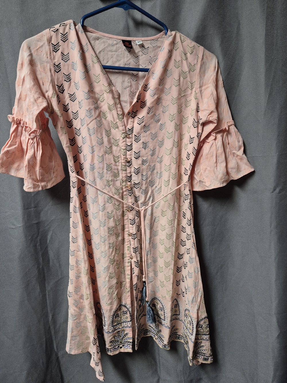 Girls' Light Pink Printed Casual Dress with Tie Belt